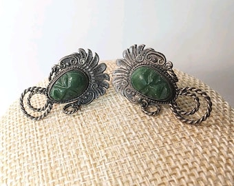 Vtg Mexico screw back oorbellen gesneden groene onyx Azteekse gezicht sterlingzilver