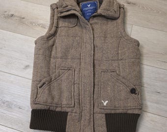 Y2K American Eagle Brown Wool Herringbone Women’s Puffer Vest Fur Collar Size M