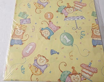 Papel de embrulho vintage para festa de aniversário de 1 ano com estampa de macaco antropomórfico.