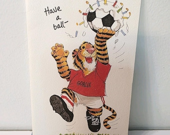 Jaren 80 VTG Suzy's Zoo Tiger Soccer Have a Ball Happy Birthday-wenskaart SCHOON