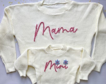 Matching Hand Embroidered Mama & Mini Sweater, Mommy and Me Outfits, Mom and Me Sweater, Dada, Auntie, Grandma, Babe, Baby Sweater