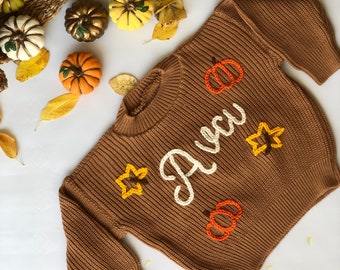 Pulls d'Halloween personnalisés pour bébés et tout-petits brodés à la main, pull d'Halloween pour enfants, pull d'Halloween avec prénom pour tout-petit et bébé