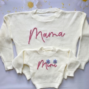 Matching Hand Embroidered Mama & Mini Sweater, Mommy and Me Outfits, Mother&#39;s Day Gift, Mom, Dada, Auntie, Grandma, Babe, Baby Sweater