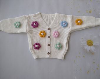 Puffy Daisy Knit Cardigan For Little Girl - 3D Daisy Cardigan - Handmade Floral Baby Girl Cardigan - Baby and Toddler Gift - Handmade Gift