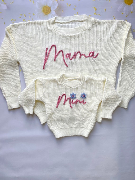 Matching Hand Embroidered Mama Mini Sweater Mommy and Me Outfits Mother s Day Gift Mom Dada Auntie Grandma Babe Baby Sweater Etsy UK