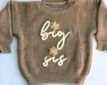 Cute Hand Embroidered Baby and Toddler Sweater For Pregnancy Announcement, Pregnancy Reveal, Second Baby Announcement - big sis - big bro