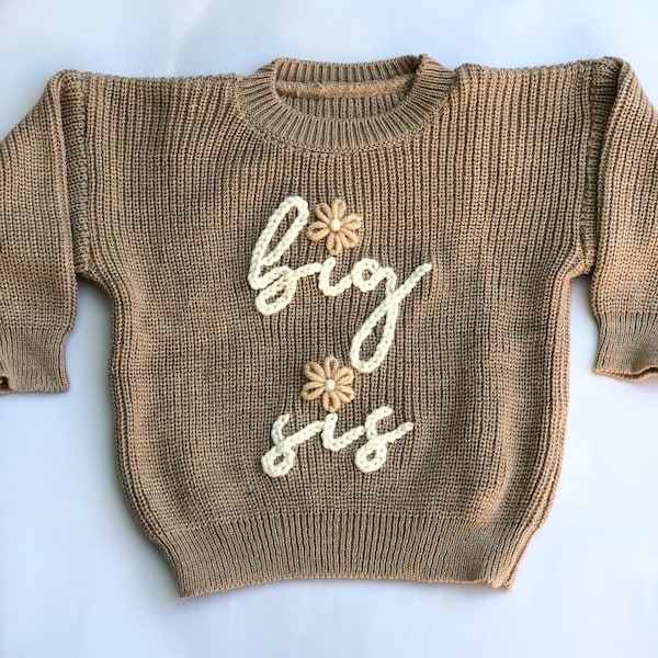 Baby und Kleinkind Pullover Hand gestickt für Schwangerschaftsankündigung, Schwangerschaft offenbaren, Babyankündigung - große Sis -große bro-lil sis-lil bro