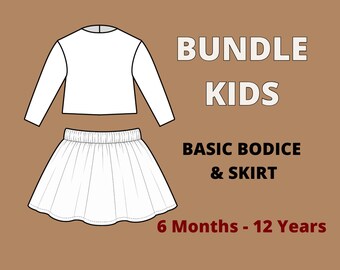 Bundle kids basic bodice & circle skirt with elastic band for baby girls, basic skirt pattern toddler, kids basic bodice with sleeves