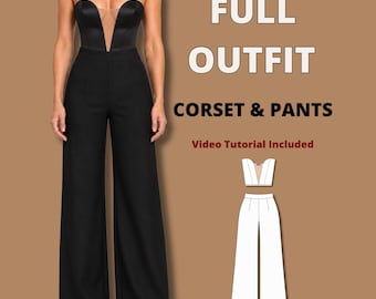 Bundle deep V corset pattern & palazzo pants pattern for women, strapless top pattern, wide leg pants pattern, evening outfit for holidays