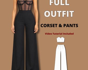 Bundle corset with cups pattern & palazzo pants pattern for women, wide leg pants, strapless corset top, evening top pattern, elegant pants