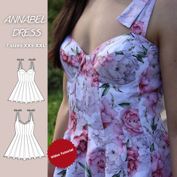 Bustier summer dress sewing pattern, soft cups corset dress pattern, short spring dress pattern, bestseller dress pattern, dress sewing pdf
