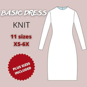 Könnte beinhalten: Ein weißes Strickkleid-Muster mit langen Ärmeln und einem runden Ausschnitt. Das Muster umfasst 11 Größen von XS-6X. Der Text "BASIC DRESS KNIT" und "PLUS SIZES INCLUDED" ist ebenfalls im Bild enthalten.
