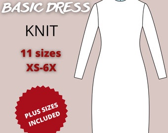 Patrón de costura básico vestido y bloque de mangas pdf para tela KNIT, patrón de vestido básico, patrón de vestido slider, patrón de costura básico de mangas