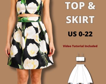 Bustier crop top and skirt sewing pattern, easy box pleated skirt pattern, beginner friendly top pattern, bundle set top and skirt pattern
