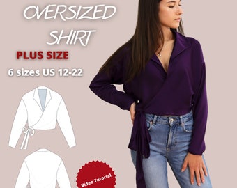 Oversize Shirt sewing pattern, wrap blouse pattern, wrap top sewing pattern, beginner friendly sewing pattern with sewing video tutorial