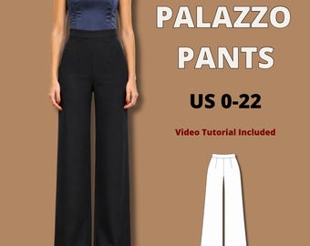 Easy palazzo pants pdf sewing pattern, elegant wide leg trousers pattern for women, wide leg pants pattern for beginners, palazzo trousers