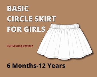 Basic full circle skirt for baby girls pdf sewing pattern, circle skirt with elastic band for toddler, easy kids skirt pattern for beginners