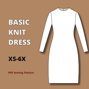 Puede incluir: Una ilustración de un vestido blanco de manga larga con el texto BASIC KNIT DRESS XS-6X PDF Sewing Pattern. El gráfico muestra una silueta ajustada simple con cuello redondo y mangas largas, presentado como un dibujo técnico plano.