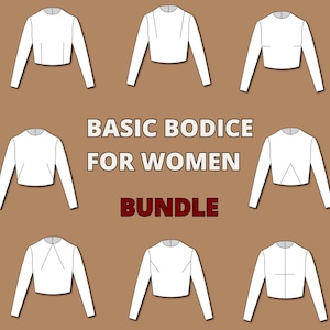 May include: A collection of eight white long-sleeve crop top technical drawings arranged in a grid. The text BASIC BODICE FOR WOMEN BUNDLE is centered in the middle. Each garment features a different seam line configuration on the front.