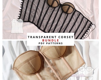 Bundle Transparent corset sewing pattern, bustier top sewing pattern, transparent lingerie pattern, corset with cups pdf pattern, bestseller