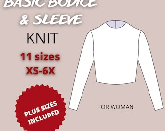 Basic bodice and sleeve block pdf sewing pattern for KNIT fabric, basic bodice block pattern, basic bodice sloper, basic sleeve pdf pattern