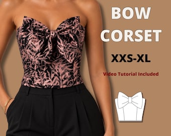 Basic straight neckline corset with a bow sewing pattern, basic bustier pattern, easy corset pattern, beginner friendly corset top, bestsell