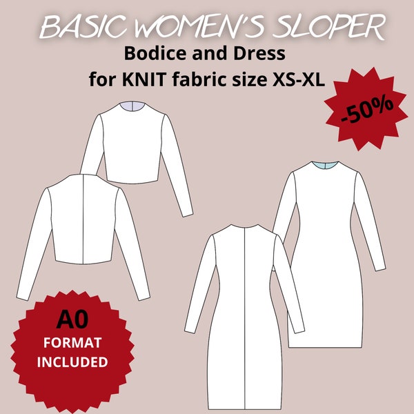 Basic KNIT Block Pattern Set for women's, DRESS sewing pattern, basic block dress pattern, sloper pattern set, block pattern set pdf