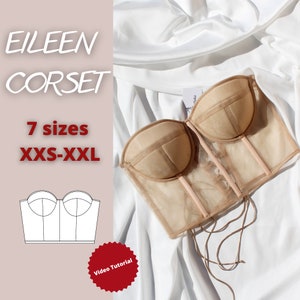 May include: A beige mesh corset with a lace-up front and a video tutorial. The corset is available in seven sizes, from XXS to XXL.  Eileen Corset.