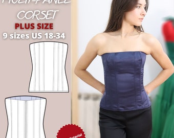 Plus Size Multi panel corset sewing pattern, bustier sewing pattern, lingerie sewing pattern, long corset pdf pattern, bestseller, pdf top