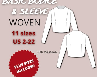 Basic bodice block sloper and sleevepdf sewing pattern, basic bodice pattern for woman, basic sleeve pattern, plus size basic bodice woven