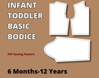 Infant Toddler basic block bodice and sleeve pdf sewing pattern, woven pdf pattern graded for kids , beginner friendly kids pattern