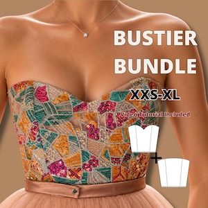 May include: A strapless bustier featuring a geometric mosaic pattern of green, pink, and orange sequins on a sheer base. The text BUSTIER BUNDLE XXS-XL and Video Tutorial Included is visible. Two white line drawings of bustier shapes are shown.