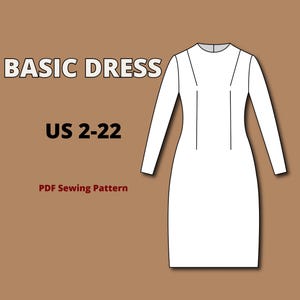 Könnte beinhalten: Eine weiße Strichzeichnung eines langärmeligen Kleides mit rundem Ausschnitt und vertikalen Nahtdetails. Der Text BASIC DRESS, US 2-22 und PDF Sewing Pattern ist in Schwarz und Rot auf einem einfarbigen braunen Hintergrund dargestellt.