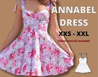 Soft cups bustier dress sewing pattern, corset dress pattern, short summer dress sewing pattern, bestseller, bustier dress with tie straps