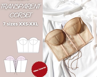 Transparent corset sewing pattern, bustier top sewing pattern, transparent lingerie sewing pattern, corset with cups pdf pattern, bestseller