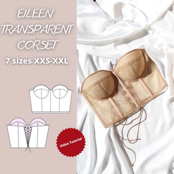 Transparentes Korsett-Schnittmuster, Bustier-Top-Schnittmuster, transparentes Dessous-Schnittmuster, Korsett mit Körbchen als PDF-Schnittmuster, Bestseller