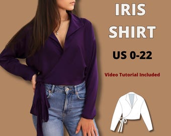 Wrap shirt sewing pattern for women, easy wrap top pattern, long sleeve blouse sewing pattern, elegant top pdf sewing pattern