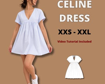 Easy cut out summer dress pdf sewing pattern, beginner friendly dress pattern, short spring dress sewing pattern, bestseller, V neckline sew