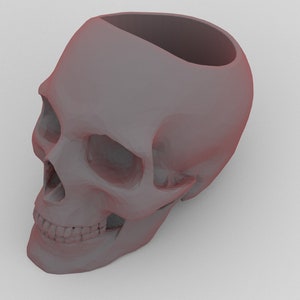May include: A 3D printed skull planter, a hollowed-out skull with a smooth, gray surface. The skull is tilted to the side, with the open top facing the viewer. The skull is a solid object.