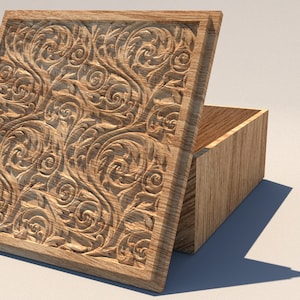 May include: A wooden box with a lid that is partially open. The lid features an intricate carved floral design. The box and lid are made of light-colored wood, and the box is rectangular in shape.