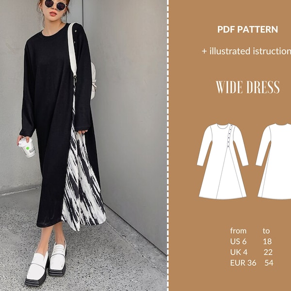 Dress pattern, PDF Sewing patterns for women, Midi dress pattern, Instant Download, UK sizes 4-22 US sizes 6-18, pdf Pattern Long Sleeve