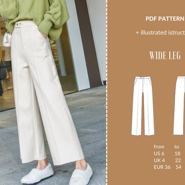 Wide Leg Pants Digital PDF Sewing Pattern, Womens Trousers, Instant Download, UK sizes 4-22 US sizes 6-18, Pattern- palazzo pants pdf.