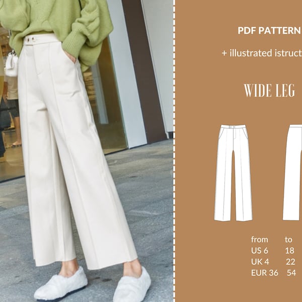 Wide Leg Pants Digital PDF Sewing Pattern, Womens Trousers, Instant Download, UK sizes 4-22 US sizes 6-18, Pattern- palazzo pants pdf.