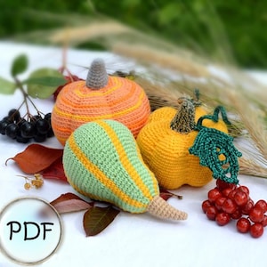 May include: Crocheted pumpkins in orange, yellow, and green with tan stems and accents. The pumpkins are arranged with red berries, leaves, and wheat stalks. A PDF icon is in the lower left corner.