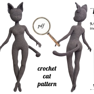 May include: Crochet cat pattern PDF download. The pattern includes instructions for making a gray crocheted cat doll, approximately 9.45 inches tall.