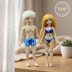 May include: Two crocheted dolls, a male and female, holding hands. The male doll has white hair and blue striped shorts. The female doll has long yellow hair and a blue bikini. The image includes a "Digital Crochet Pattern PDF Instant Download" logo.