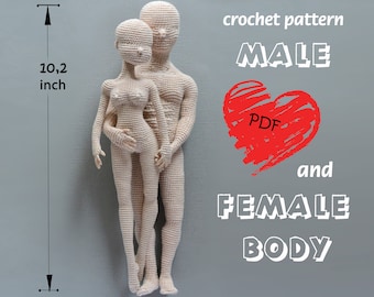 May include: Crochet pattern for male and female body dolls. The dolls are beige and measure 10.2 inches (26 cm) tall. The male doll is embracing the female doll. The text "crochet pattern" and "PDF" are visible.