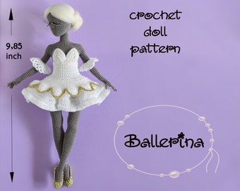 May include: A crocheted ballerina doll wearing a white dress with gold trim. The doll is 9.85 inches tall and is standing on a purple background. The text "crochet doll pattern" and "Ballerina" are also visible in the image.