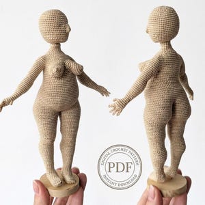 May include: Two beige crochet figures of a human form, one facing forward and the other backward, are displayed. The figures are on wooden bases. The image includes a circular graphic with the text "DIGITAL CROCHET PATTERN" and "PDF" and "INSTANT DOWNLOAD".