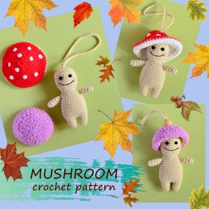 May include: Crocheted mushroom ornaments and a red and white mushroom-shaped item are displayed with fall leaves. The text "MUSHROOM crochet pattern" is at the bottom. The ornaments have smiling faces and are beige, red, and purple.